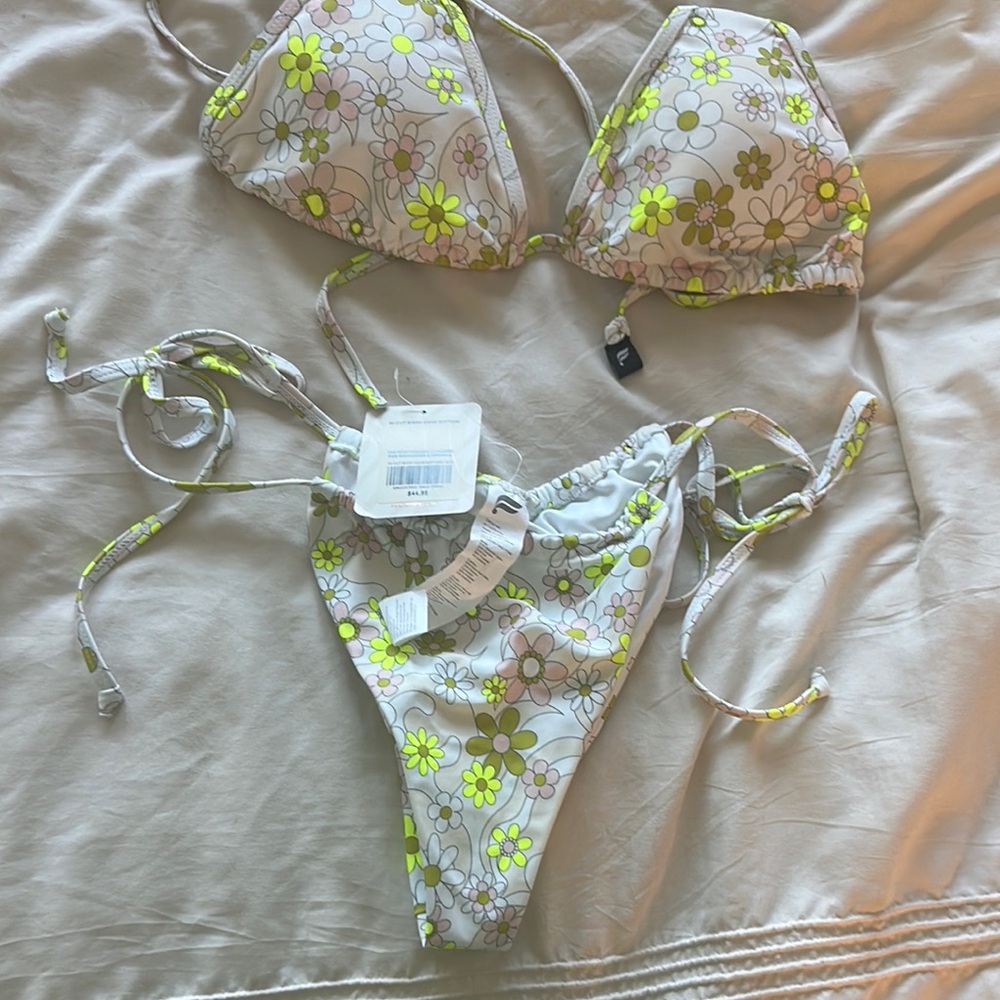 Fabletics White with Yellow and Pink flowers Bikini Swimwear